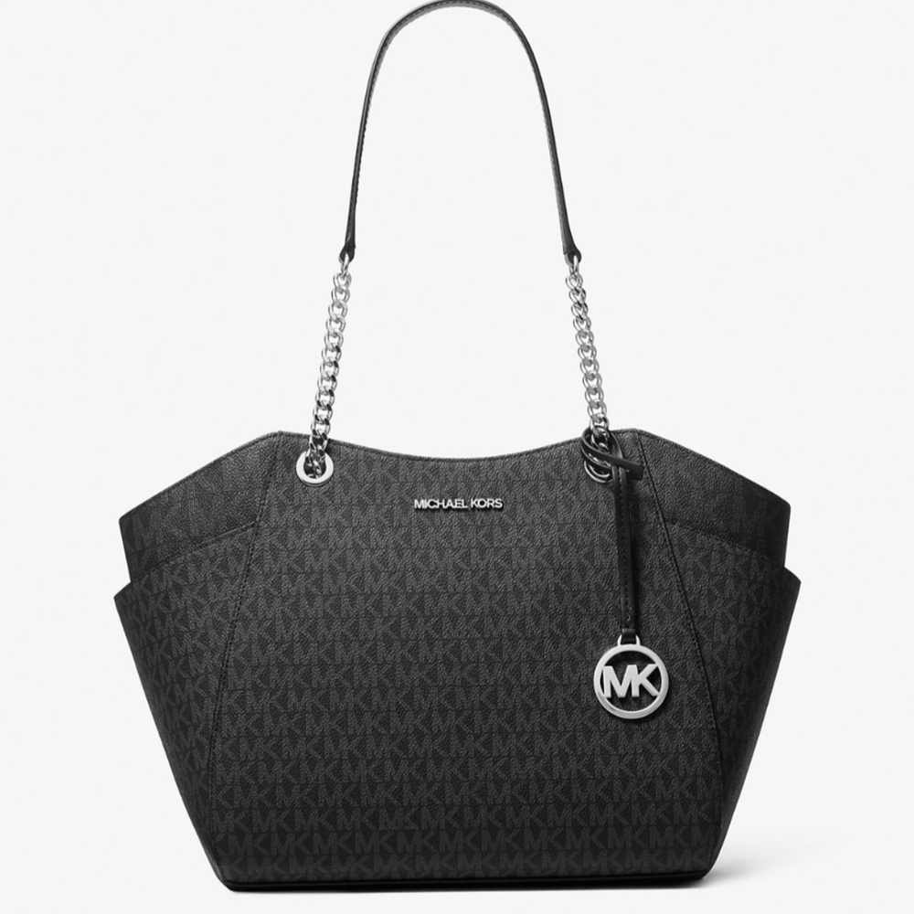 Michael Kors Black Signature Tote with Chain-Link Strap